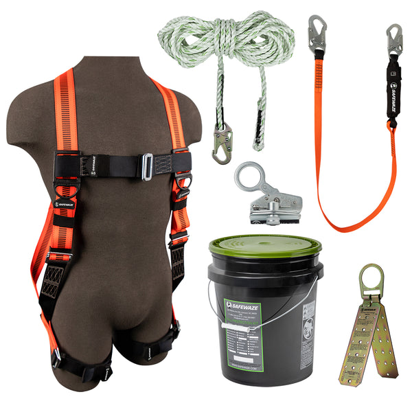 Safewaze V-Line Bucket Roof Kit: FS99280-E Harness, FS700-50 VLL, FS1118-DC Grab, FS88560-E Lanyard, FS870 Anchor