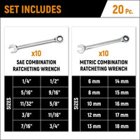 20 Piece 72 - Tooth SAE/Metric Ratcheting Combination Wrench Set - American Ladders & Scaffolds