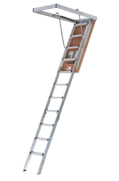 LOUISVILLE LADDER 25.5X63 FIRE RATED ALUMINUM ATTIC LADDER, 375 - POUND LOAD CAPACITY, AL2540LG - R5FT - American Ladders & Scaffolds