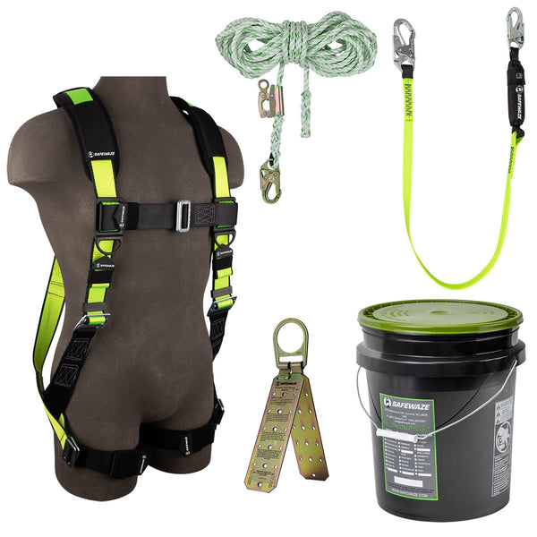 Safewaze PRO Bucket Roof Kit: FS280 Harness, FS700 - 50GA VLL, FS560 Lanyard, FS870 Anchor - American Ladders & Scaffolds