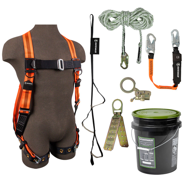 Safewaze V-Line Bucket Roof Kit: Harness, Lifeline, Rope Grab, Lanyard, Anchor/Trauma Straps